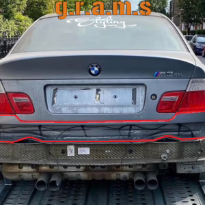 BMW E46 Coupe rear frame between lights in carbon fiber, fiberglass, and carbon kevlar for enhanced look and aerodynamics.